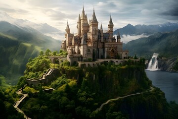 Fototapeta premium Historic Castle Perched Atop a Lush Green Hill, Majestic Medieval Fortress Straight from a Fairy Tale, Scenic Landscape Photography, 8K Ultra HD