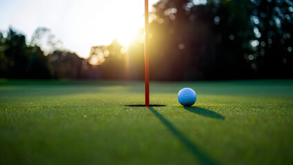 Golf Ball Near Hole at Sunset: Serene Green Grass, Warm Golden Light, Professional Sports Imagery