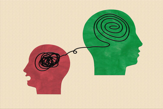 Metaphor bipolar disorder mind mental. Double face. Split personality. Concept mood disorder. 2 Head silhouette. Psychology. Mental health. Dual personality concept. Tangle and untangle