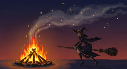 Witch flying on broomstick near bonfire at night. Halloween illustration with magical sparks and smoke. Spooky autumn holiday concept for greeting card or party invitation design.
