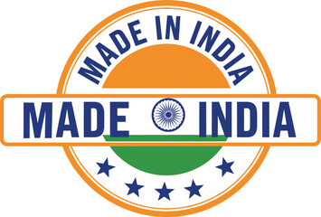 Fototapeta premium Made In India Emblem with Tricolor Round Design and Blue Stars on White Background