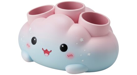 Cute kawaii cloud shaped desk organizer pen holder in pastel colors isolated on a white background.