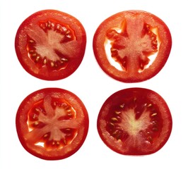 Four vibrant, sliced tomatoes, displayed on a white surface, reveal their juicy interior and seeds, creating a simple, organic composition