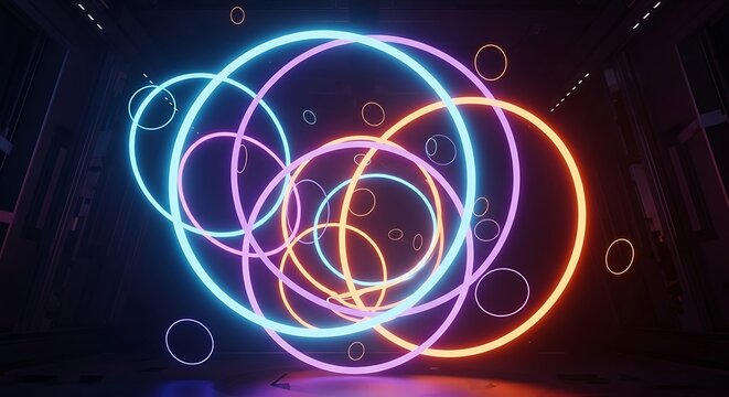 A vibrant display of neon circles in blue pink and orange against a dark abstract background scene