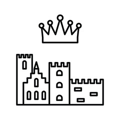 A black outline drawing of a castle beneath a crown