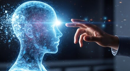 Fototapeta premium Human hand touching digital head silhouette. Artificial intelligence concept. Machine learning, robotics, and cognitive computing. Future technology in business