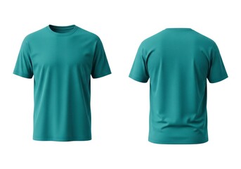 Front and back view of a blank teal green short-sleeved t-shirt, isolated on a white background.