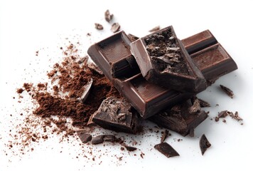 Luscious dark chocolate chunks nestled on a bed of cocoa powder, scattered across a bright white surface, creating a simple, indulgent composition