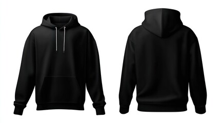 Front & back view of a realistic black hooded sweatshirt. Strings hang loosely from the front. The fabric is smooth and hangs naturally