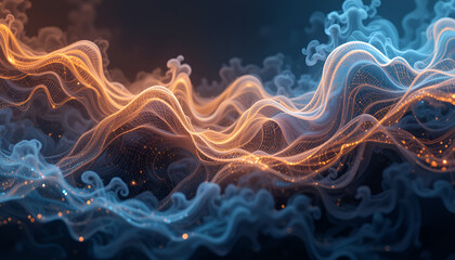 Fototapeta premium Abstract glowing energy waves with swirling smoke, soft golden light particles flowing in a dark blue misty background, futuristic motion, fantasy magical atmosphere, high resolution digital art, 