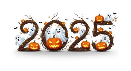 Halloween 2025 Festive Display with Pumpkins, Ghosts, and Spooky Twigs.