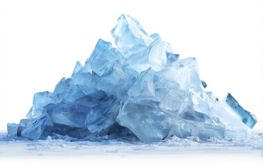 A pile of translucent, blue-tinted ice shards rests on a snowy surface, creating a cool and abstract composition against a bright white background