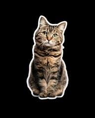 Obraz premium Adorable tabby cat sitting upright, looking upwards with bright green eyes, outlined in white against a plain black backdrop