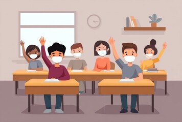 Cartoon image of students wearing masks, sitting in a classroom with desks, books, a window, and clock with hands raised during a lesson