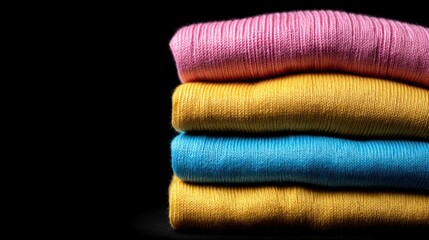 Stack of folded, colorful knitted sweaters in pink, yellow, and blue against a dark background. Soft, textured fabric with subtle ribbing