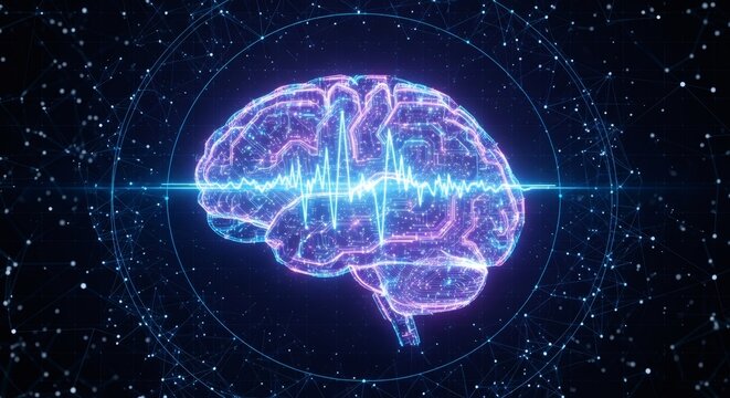 Neon glowing human brain in space. Artificial intelligence and neuroscience concept. Digital mind, machine learning, and cognitive science visualization on starry background.