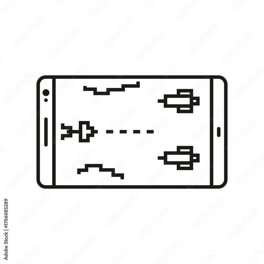 Aufkleber a cellphone displaying a retro space shooter game with pixelated ships terrain and dotted laser beam