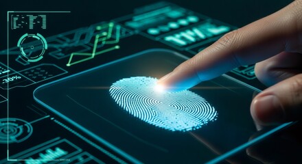 Biometric fingerprint scanning on digital interface. Cybersecurity technology for personal identification. Futuristic touch screen with data visualization. Modern authentication method.