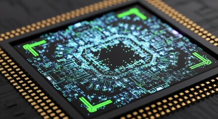 Close-up of microchip with glowing green elements on dark background. Advanced computer processor, artificial intelligence concept. Electronic circuit board technology.