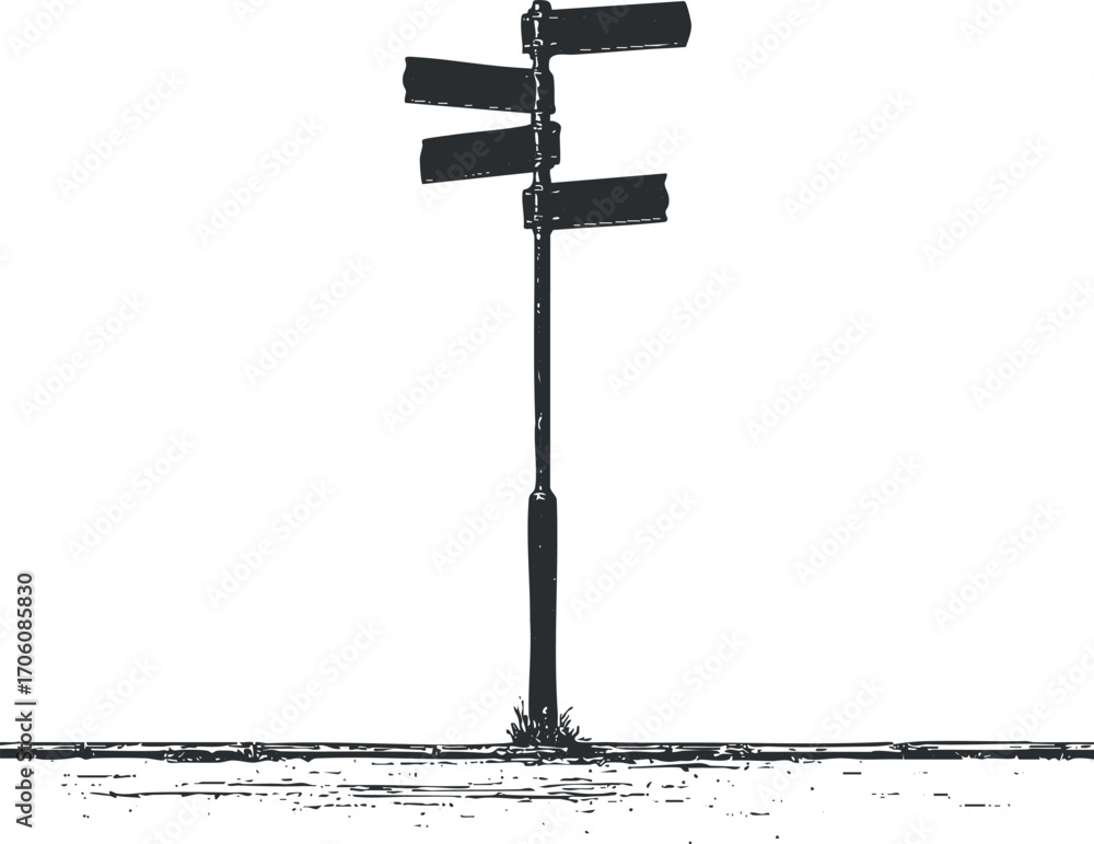 Poster an illustration of a signpost with multiple directional signs against a plain background.