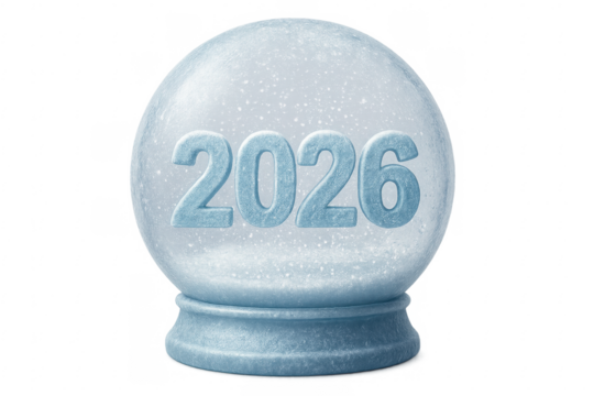 Snow globe showing year 2026 on transparent background
