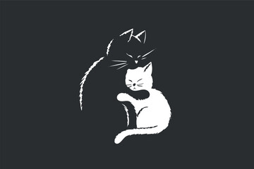 A minimalist illustration of a black cat and a white cat snuggling together.