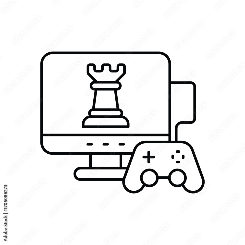 Poster a gaming monitor displays a chess rook with a controller positioned in front