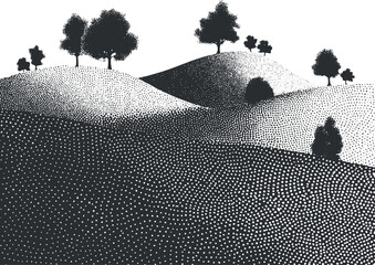 Abstract black and white landscape illustration featuring dotted hills and silhouetted trees.