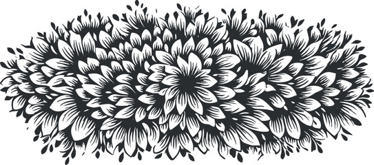 A detailed black and white floral pattern showcasing intricate flowers and leaves in a decorative design.