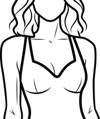 Black and white vector illustration of woman in halter bikini top, summer fashion, swimwear design, beach style, and vacation concept