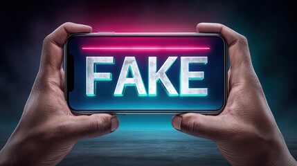 Person holding a smartphone with the word "FAKE" in neon lights, concept of misinformation, deception, digital warning