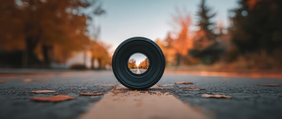 Camera lens laid flat on an asphalt road, autumn leaves and trees in background, focused street view seen through the lens hole