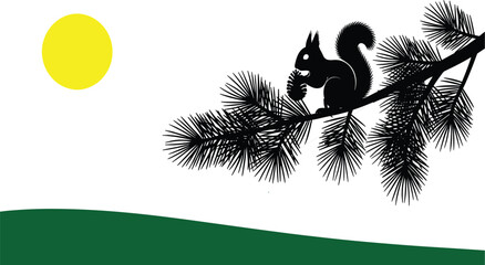 Black silhouette of squirrel holding pine cone on tree branch with yellow sun and green hill, nature wildlife vector illustration design © Asad Creative