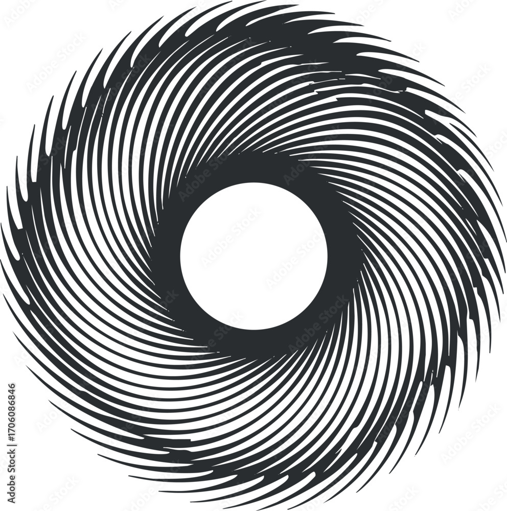 Poster an abstract black and white swirl design featuring a central circle, showcasing dynamic movement.