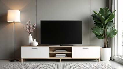 A modern living room setup with a TV on a cabinet, plants, and a floor lamp.