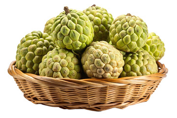 Fototapeta premium A woven basket overflowing with fresh ripe custard apples isolated on transparent background