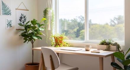 Home office with white desk near window. Indoor plants and botanical prints create cozy workspace. Minimalist interior design for remote work, study, or creative corner.