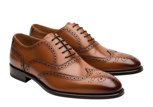 Classic tan leather wingtip brogue oxford shoes isolated on transparent background