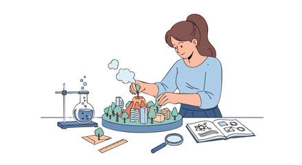 Young woman creating a volcano city model for a science fair project.