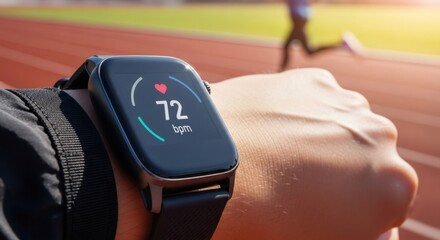 Smartwatch displaying heart rate on runner's wrist at track. Fitness tracking device for monitoring cardiovascular health during exercise. Wearable technology concept.