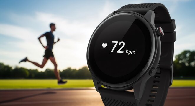Smartwatch displaying heart rate with runner in background. Fitness tracking device for athletes. Modern wearable technology for health monitoring and sports performance