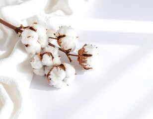 Soft cotton blossoms on white fabric