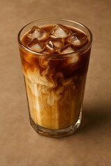 Refreshing iced coffee with cream and ice in a clear glass
