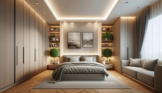 Modern bedroom interior design with a kingsize bed, builtin wardrobes, and a cozy sofa, illuminated by soft lighting