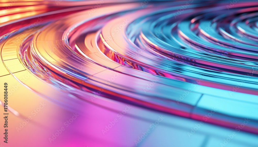 Poster glass spiral swirl effect on rows of square plates with holographic gradient light curve wave patter