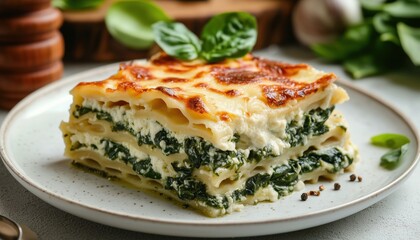 Traditional Italian Dish: Lasagna With Spinach, Ricotta, And Bechamel Sauce Served On White Plate With Selective Focus. Rich And Delicious.
