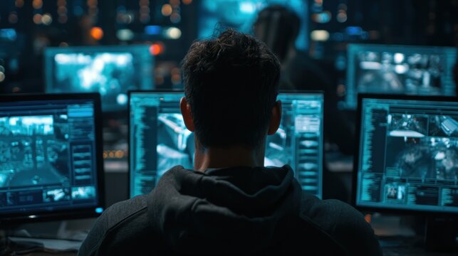 Back view of person surrounded by glowing computer screens in a dark room, showing maps and code with other figures blurred in the background
