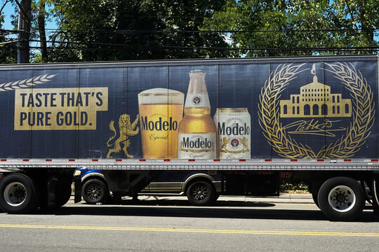 New York, USA - September 6, 2025: Anheuser-Busch InBev, Constellation Brands  Modelo beer delivery distribution truck. In 2023, Modelo Especial became the top selling beer in the United States
