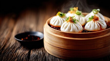 Steaming Asian dumplings presented in a bamboo steamer basket, enhanced with garnish. A dark sauce dish sits nearby on a wooden table