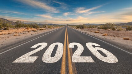 A wide, empty road leads into the distance with the year 2026 prominently displayed on the asphalt. Surrounding the road is a vast desert landscape under a clear sky.